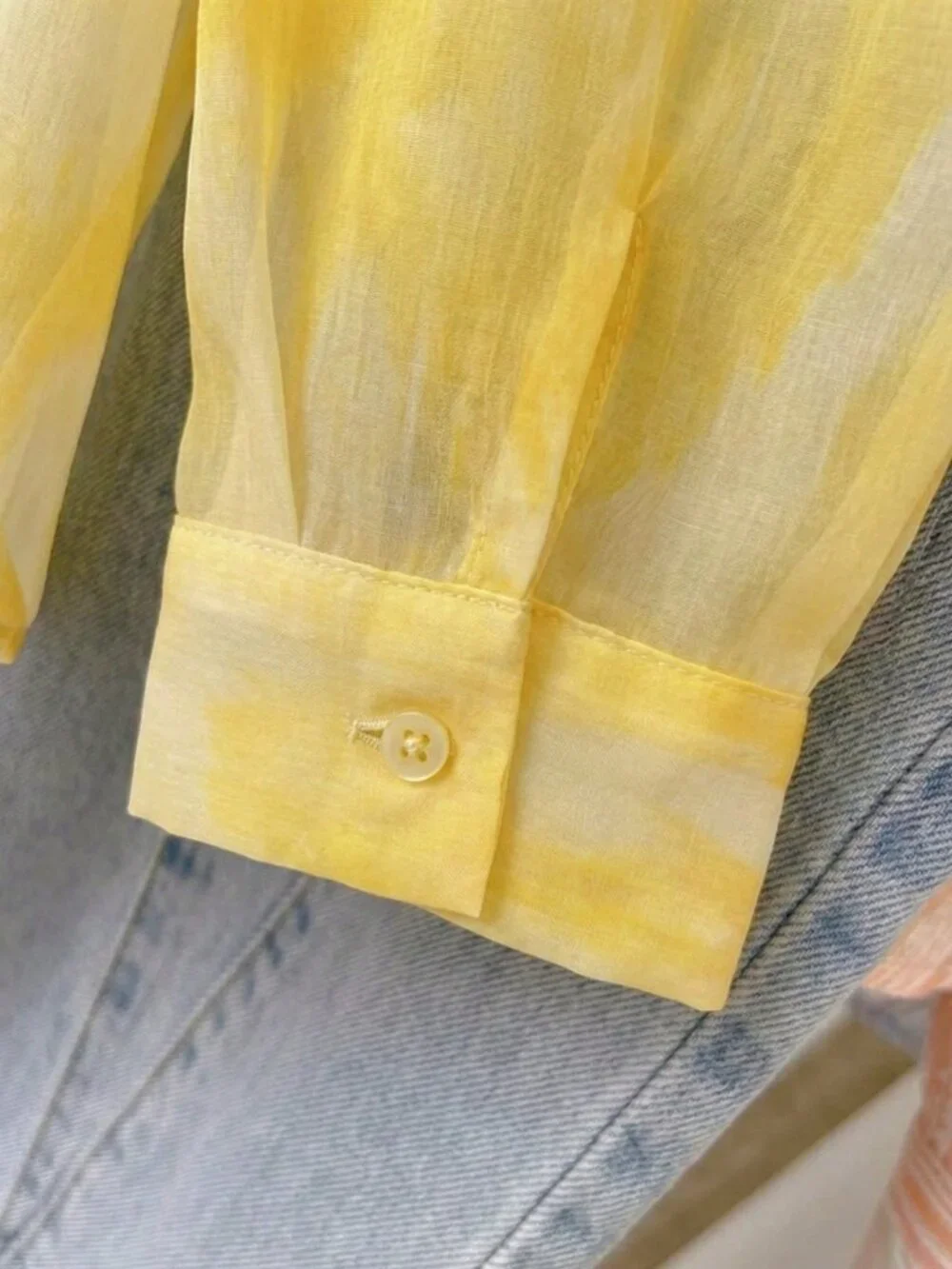 Yellow Casual Tie-Dye Women's Lightweight Sheer Long Sleeve button down Blouse - Picture 2 of 10